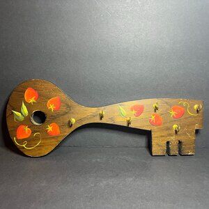 Vintage Retro Wooden Key Shaped Hand Painted Strawberries Key Hanger Holder